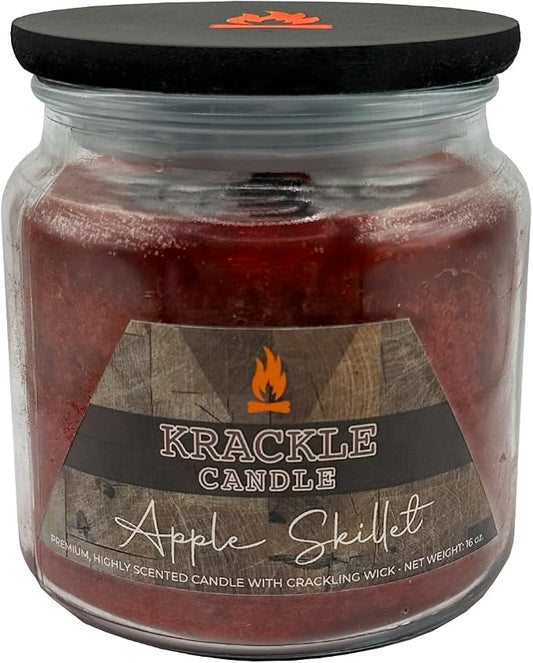 Krackle Apple Skillet Scented Candle | 16oz Jar | Long Burn | Apple, Cinnamon, Nutmeg & Brown Sugar | Wooden Krackle Wick | Cozy Fall Candle for Home or Gifting