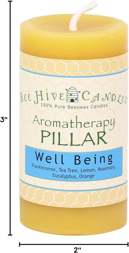 Bee Hive Candles 100% Pure Beeswax Aromatherapy Pillar Candle (2" x 3", Well Being)