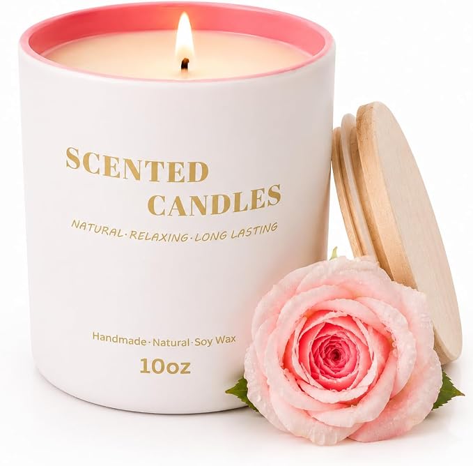 Lanttu Rose Scented Candle, 10 oz Natural Soy Wax | 40 Hours Long Lasting Burning, For Women Mom Friend, Birthday Housewarming Gift, Home Decor