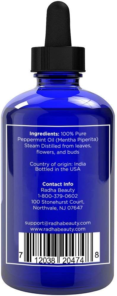 Radha Beauty Peppermint Essential Oil 4 oz - 100% Pure & Therapeutic Grade, Steam Distilled for Aromatherapy, Fresh Minty Scent, Focus, DIY Projects, Candles, Sprays and Fragrance