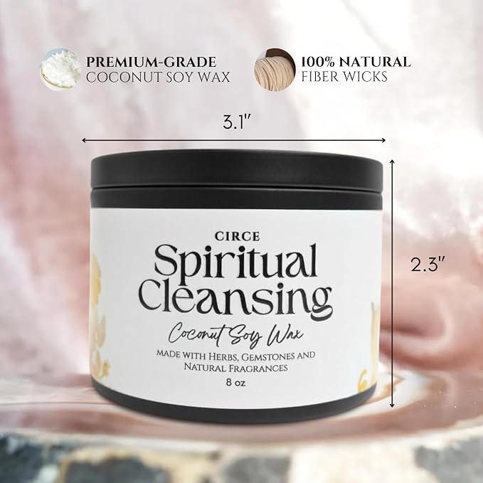 Circe Spell Candle “Spiritual Cleansing” Coconut Soy Wax Candle Jar– Premium Hand Poured & Long Burning– Herbs, Crystal & Natural Fragrance Oils- Clearing, Protection & Grounding- Self Care, Gift- 8oz
