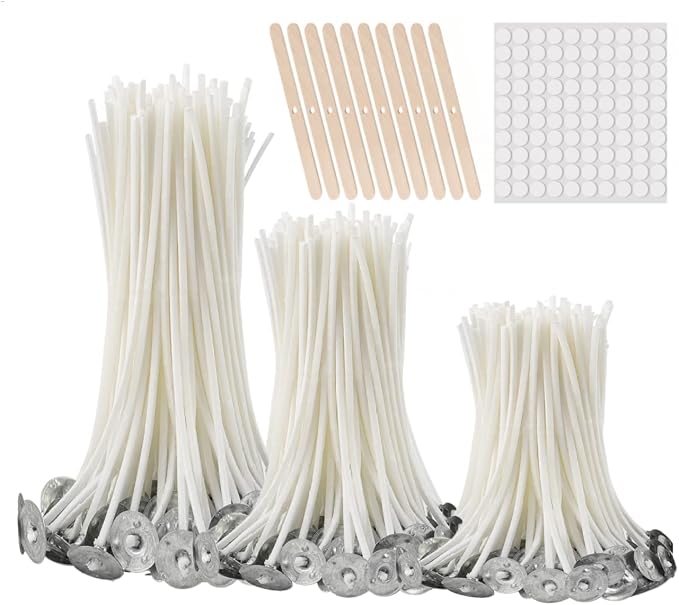 buluker 150Pcs Functional Smokeless Candle Wicks - Pre Waxed Cotton Wick with Metal Sustainer Tabs for Pillar Candle Making and DIY, (Thick3.5+6"+8")