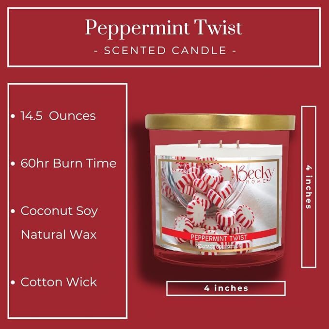 Peppermint Scented 3-Wick Candle in Glass Jar | Candles for Home | 14.5oz Rustic Home Decor Novelty Candle | 60 Hour Burn Time Candle