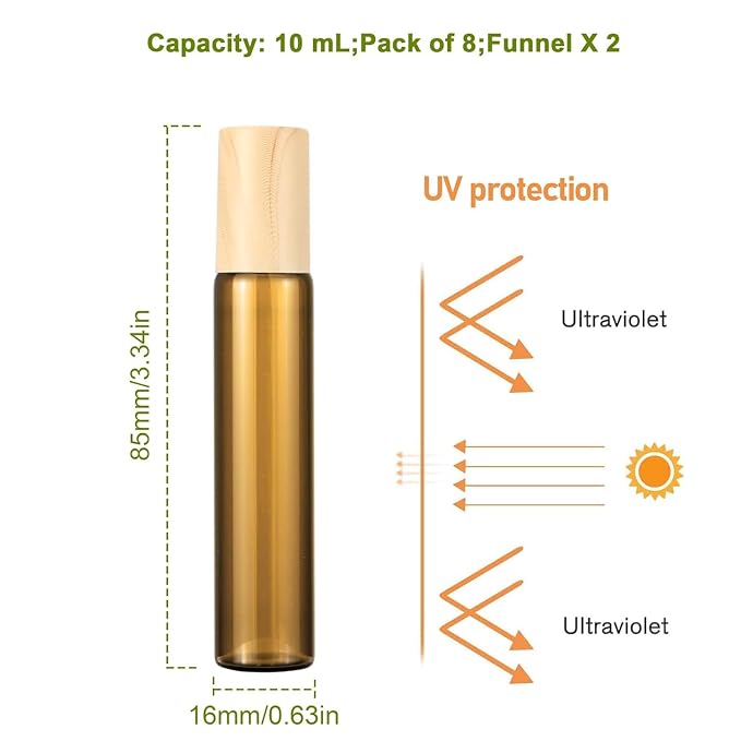10mL(1/3 Oz) Amber Glass Roll On Bottles, 8 Pack Leak Proof Refillable Roller Bottles for Essential Oils, Perfume, DIY Craft, Samples, Eye Roller, Travel Portable