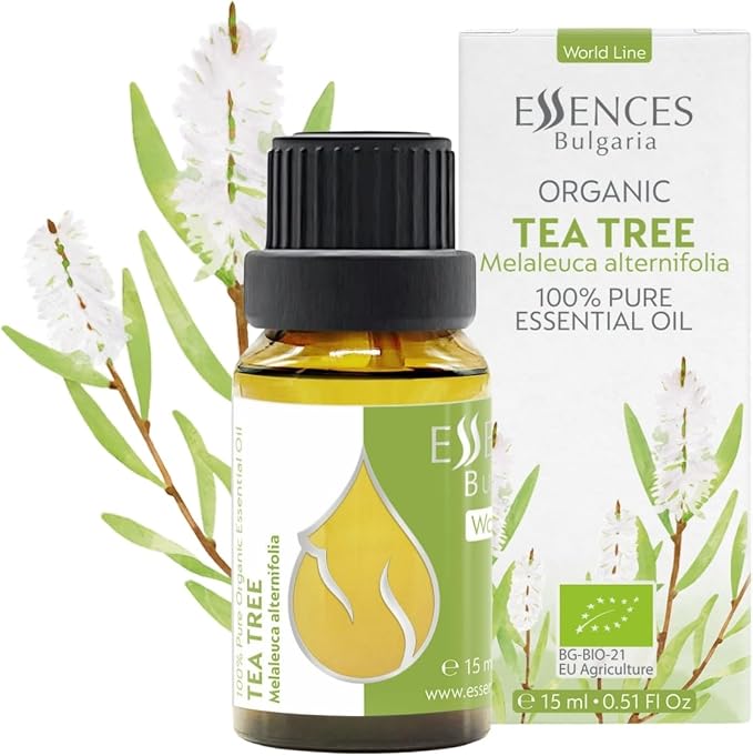 Essences Bulgaria Organic Tea Tree Essential Oil 0.51Fl Oz 15ml Melaleuca Alternifolia - 100% Pure and Natural Undiluted for Toenail Fungus, Dandruff Itchy Scalp Acne Skincare Aromatherapy Diffuser