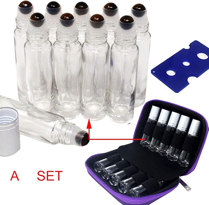 fengshuisale 10pcs Clear 10ml Empty Refillable Glass Bottles with Crystal Semiprecious Stones Essential Oil Gemstone Roller Ball Bottles with Silver Lid with Free Bag W3900 (Tiger Eye)
