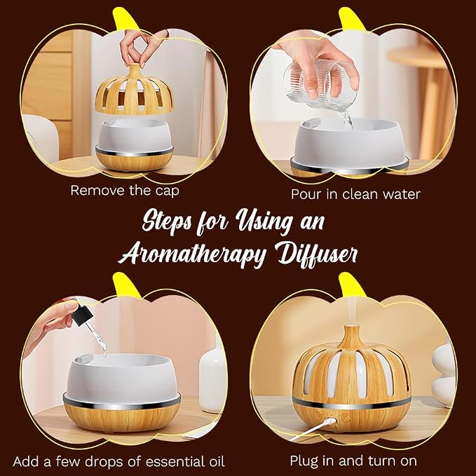 Essential Oil Diffuser 300ml for Home Bedroom, Aromatherapy Oil Diffuser with 3H 6H Timer, 7 Color Light, USB Type-C, Pumpkin Design, Auto Shut-Off(Light Woodgrain, Pumpkin)