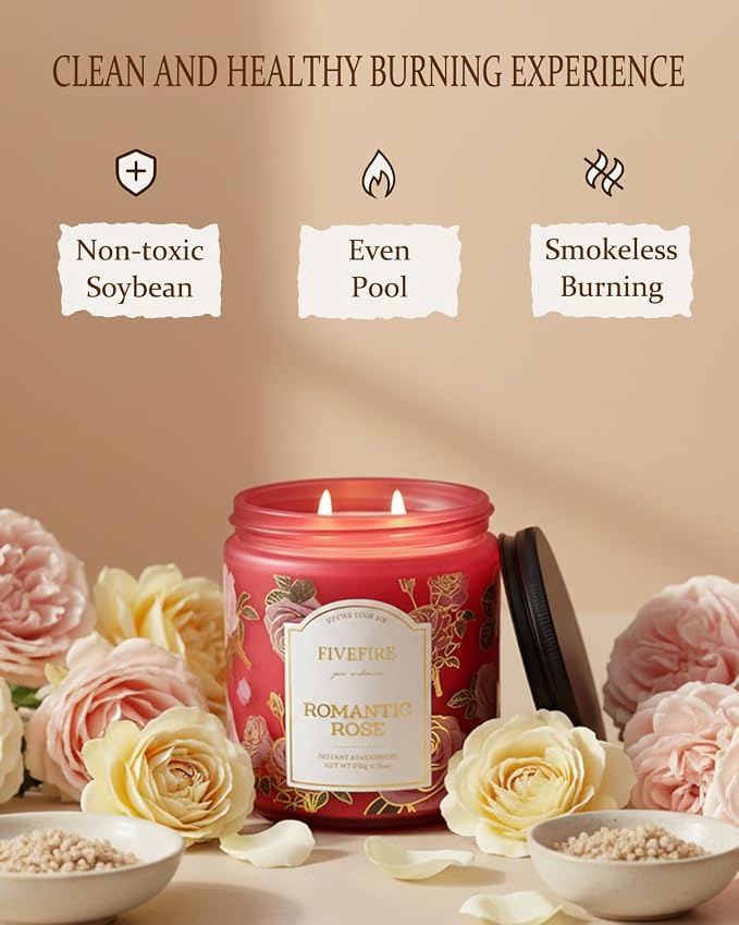 Rose Scented Candles for Home, 13oz Natural Soy Wax 2-Wick Candle, Up to 76-Hour Clean Burn, Fresh Rose Floral Home Fragrance, Romantic Botanical Jar Gift for Women, Mom, Wife