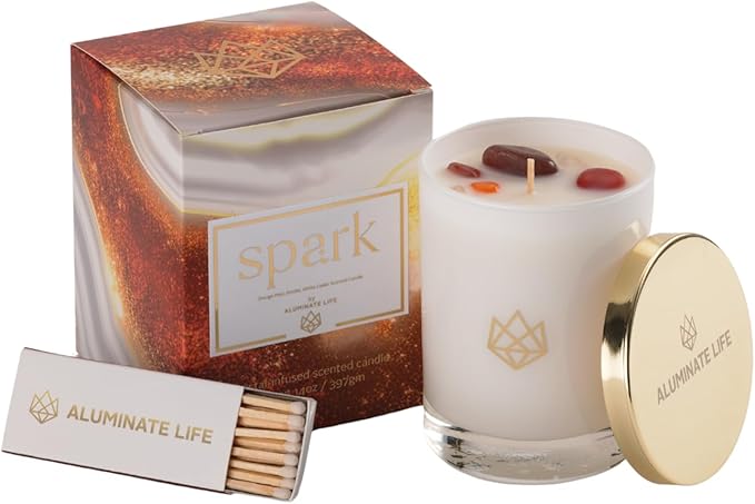 Luxury Glass Jar Seasonal Candle, 14 OZ, Spark - Red Aventurine Crystal Infused - Holiday Scents of Orange Peel, Smoky Undertones, & White Cedar - Coconut Wax, Essential Oils