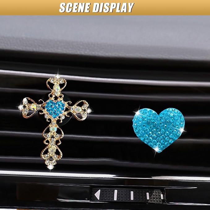 2PCS Bling Cross & Heart Car Dashboard Air Vent Trim Clip, Sparkly Rhinestone Car Air Vent Clips, Diamond Auto Diffuser Charm Clip, Auto Interior Decoration Accessory for Women Girls (Blue)