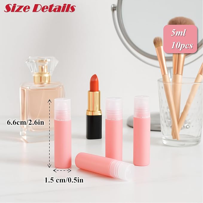 5ml Pink Plastic Roller Bottles with Clear Caps Refillable Roll On Containers Travel Perfume Roller Bottles for Essential Oils, Perfume, Lip Balm, DIY Cosmetics – Set of 10