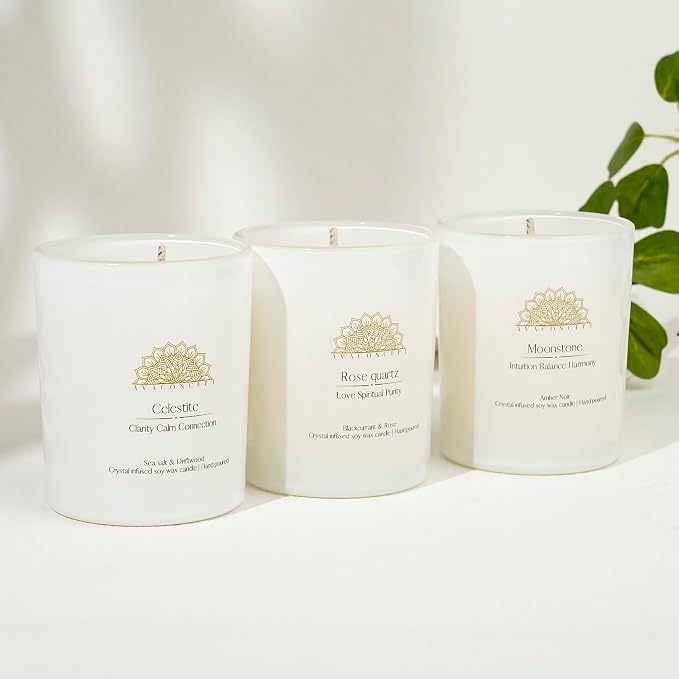 AvaConcept Healing Crystal Candle Gift Set – Set of 3 Celestite, Rose Quartz & Moonstone Hand-Poured Soy Wax Sea Salt Driftwood, Blackcurrant Rose & Amber Noir Aromatherapy Scents Premium Gift Box
