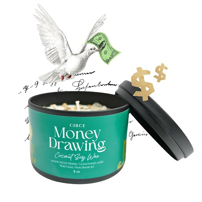 Circe Spell Candle “Money Drawing” Coconut Soy Wax Candle Jar– Premium Hand Poured & Long Burning– Herbs, Crystal & Natural Fragrance Oils- Manifest Wealth, Abundance, & Opportunity - Gift - 8oz