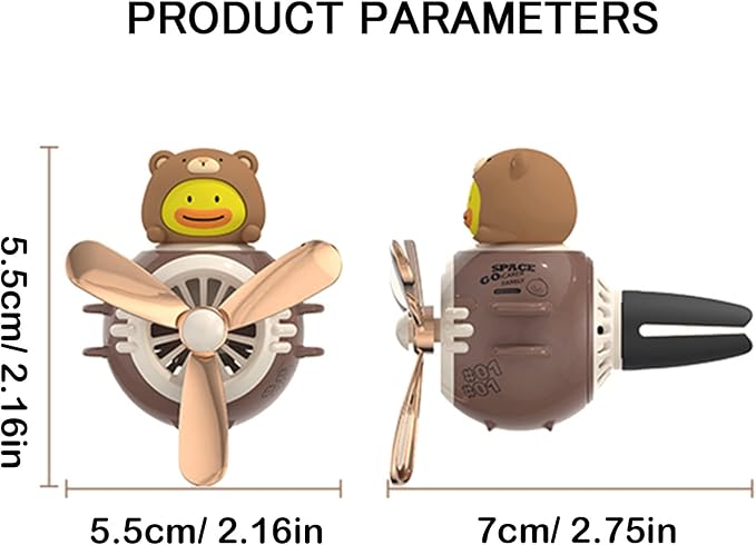 2 Pieces Car Air Fresheners, Cute Bear Pilot Car Diffuser, Propeller Air Outlet Vent Fresheners, Automotive Interiors Vent Decoration (Black+Brown)