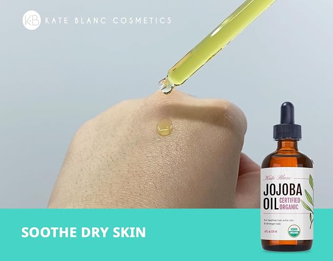 Kate Blanc Cosmetics Organic Jojoba Oil for Hair, Skin, Face, Nails (4oz) - USDA Certified, 100% Pure Cold Pressed Unrefined - Moisturizing Carrier Oil for Gua Sha, Dermaplaning, Body - Glass Bottle