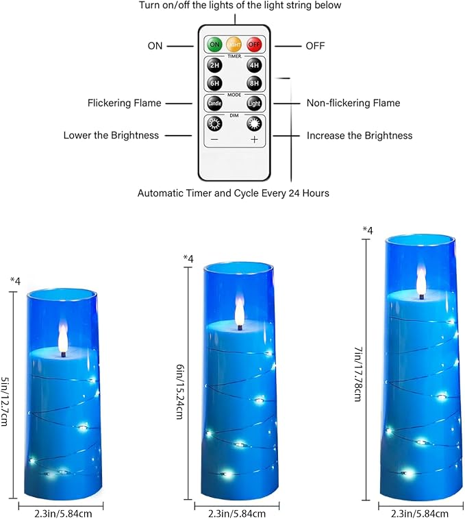 Sasigeiaa Flameless Candles with Embedded Star String - Battery Operated LED Candles, with Remote,12 Blue Flickering Candles for Christmas, Weddings, Home Decor & Party,(D 2.3"×H 5" 6" 7")