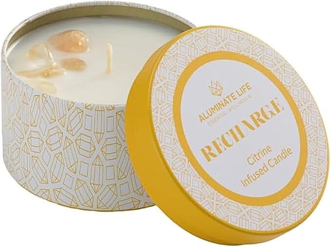 Luxury Candle Tin, 6 OZ, Recharge - Citrine Crystal Infused - Scents of Lemongrass, Geranium, and Basil - Happiness, Manifestation, & Abundance - Coconut Wax, Essential Oils