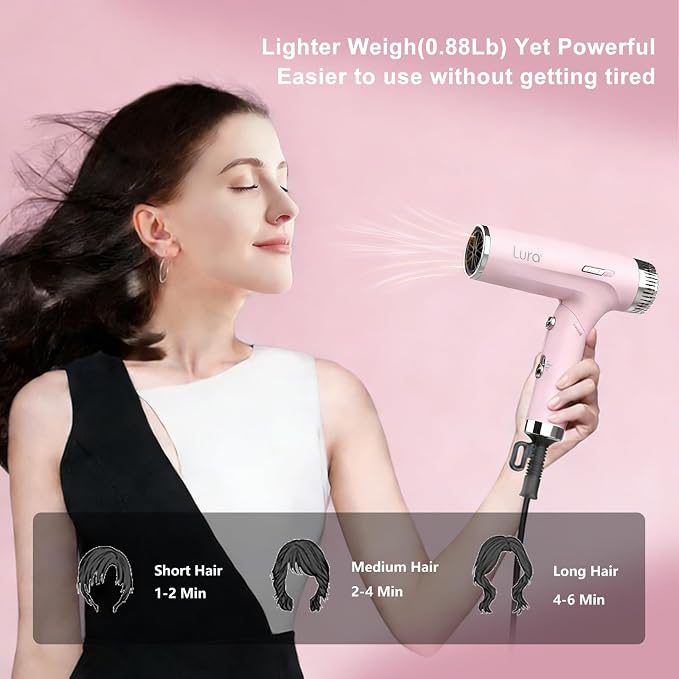 LURA Auto Dual Voltage Hair Dryer for International Travel,Travel HairDryers with Difffuser,Small Portable Blow Dryer for Women Lightweight,Compact Mini Blowdryers with Folding Hand for Kids(Pink)