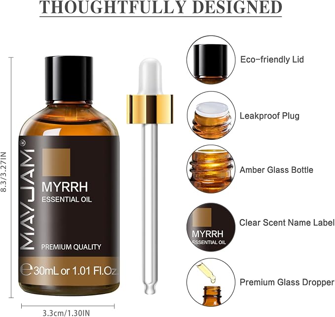 Myrrh Essential Oil, MAYJAM 30ML Pure Myrrh Oil for Diffuser, Yoga, Bedroom, Bathroom, Household & Car Use(1.01oz)