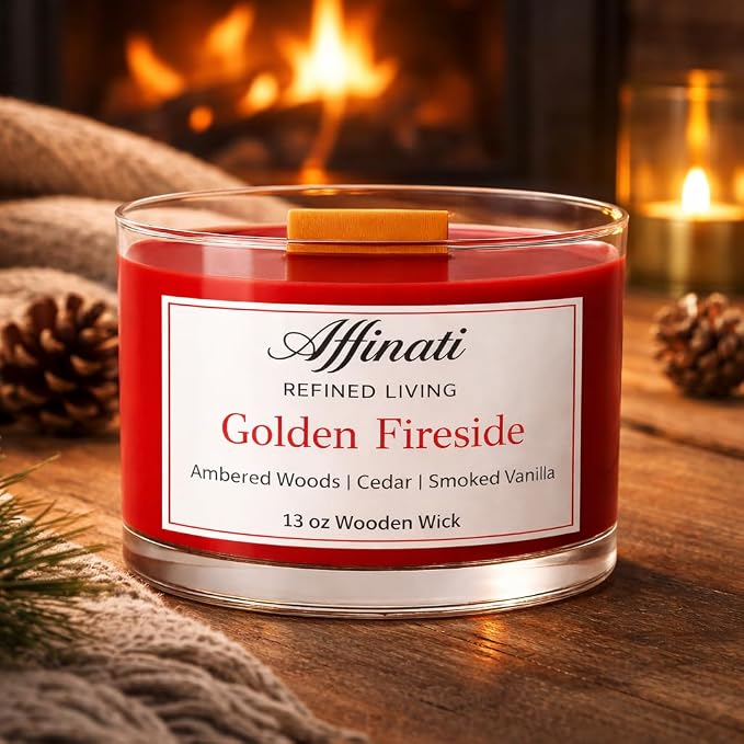 Affinati Golden Fireside Wooden Wick Candle – Luxury Wooden Bowl, 13 oz