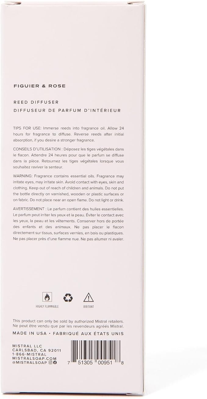 Mistral Figuier & Rose Reed Diffuser – Luxury Fig & Rose Scent Diffuser for Home, Office, Bathroom | 100% Oil-Based & Alcohol-Free, Long-Lasting, with Natural Reed Sticks (3.5 fl oz)
