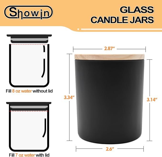 SHOWIN 8 OZ Thick Candle Jars for Making Candles 15 Pcs, Black Empty Jars with Wood Lids for Candle Making, Sample Container,Matte Black
