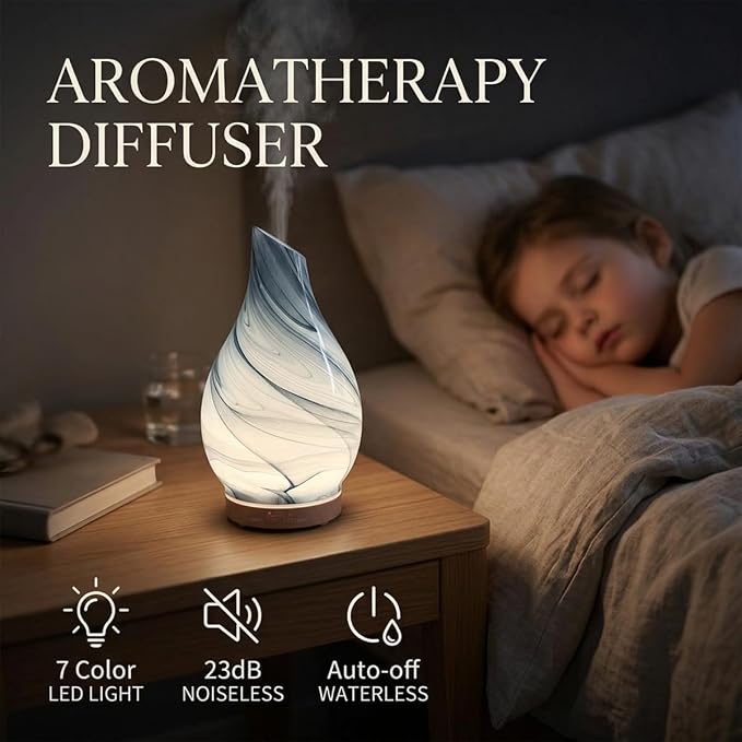 Glass Essential Oil Diffuser with 3 Aromatherapy Oils,200ml Small Humidifier for Bedroom with Timer,7 LED Color Lights for Office Home Room Decor Gifts for Women Men
