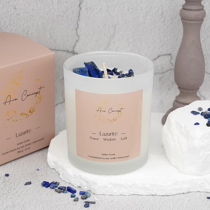 Lazurite Crystal Candle – 10oz / 280g | Amber Ocean Aromatherapy | Hand-Poured Soy Wax | Genuine Lapis Lazuli Healing Crystals Embedded | Power, Wisdom & Luck | Gift Box Included