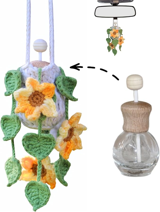 ROFIGL Handmade Crochet Hanging Car Air Freshener - Sunny Sunflower Design, 12ml Refillable Thick Glass Bottle, Car Diffuser for Rearview Mirror, Home & Office Cheerful Decor