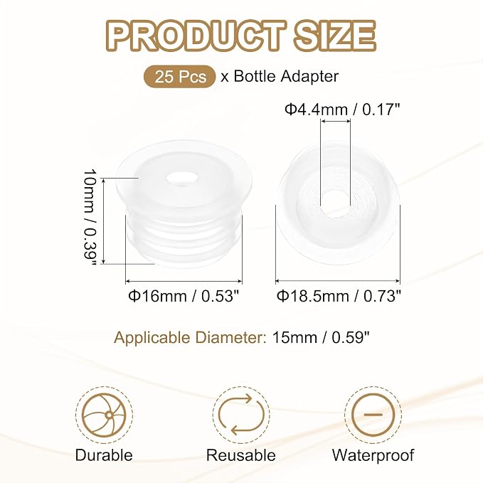 PATIKIL Bottle Adapter 0.59"/15mm Press in Plugs Clear 25Pcs, 0.17" Hole | for Oral Dispenser Liquid Oil Plastic Glass Bottles Stopper