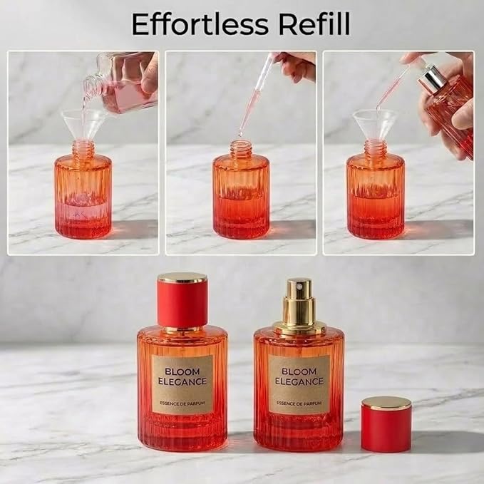 Empty Perfume Spray Bottles Set, Ribbed Glass Atomizer Refillable Portable Glass Atomizers with Funnel and Dropper, Fine Mist Spray for Women Men Dispenser Fragrance Container Set (6Pcs, Red)