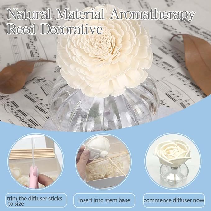 Flower Diffuser Sola Wood Flowers Natural Material Aromatherapy Reed Decorative Aromatherapy Flower Refill Diffuser Reeds, 7Pcs Flower, 10 Pcs Diffuser Rattan