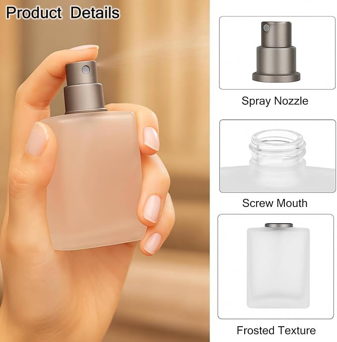 2Packs 50ml Frosted Glass Perfume Spray Bottle with Silver Cap Refillable Empty Atomizer Container Refillable Fragrance Bottle for Essential Oils, Cologne, Fragrance, Travel & DIY Cosmetics