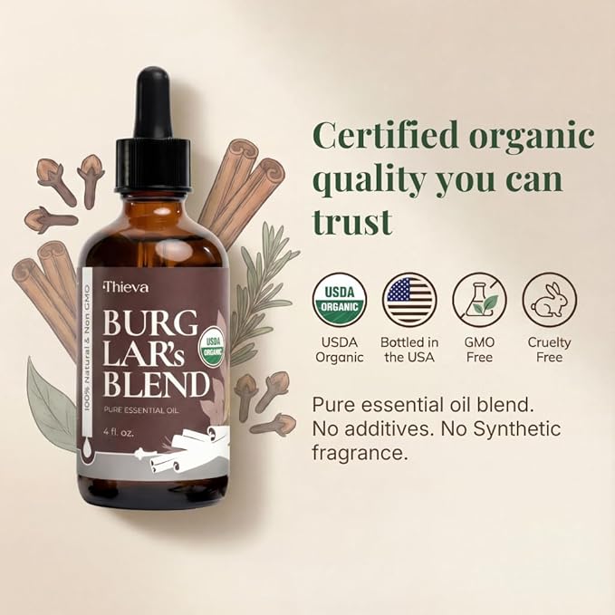 THIEVA Burglar’s Blend Essential Oil 4 oz – USDA Organic Pure Oil Blend for DIY Household Cleaning Seasonal Home Wellness and Diffuser Aromatherapy