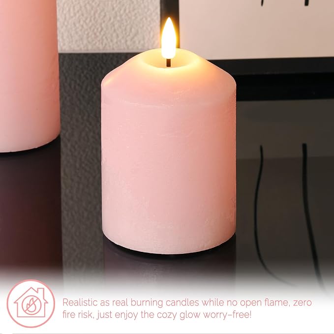 Pink Flameless Pillar Candles with Remote, Real Wax LED Candles Battery Powered Flickering Set of 3