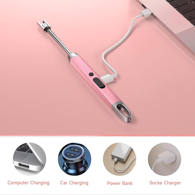 Electric Candle Lighter, USB-C Rechageable Flameless Lighters for Camping, Long Lighter with 360° Flexible Neck & Safety Switch, Windproof Lighters for BBQ, Gift for Mom, Wife (Rose Gold)
