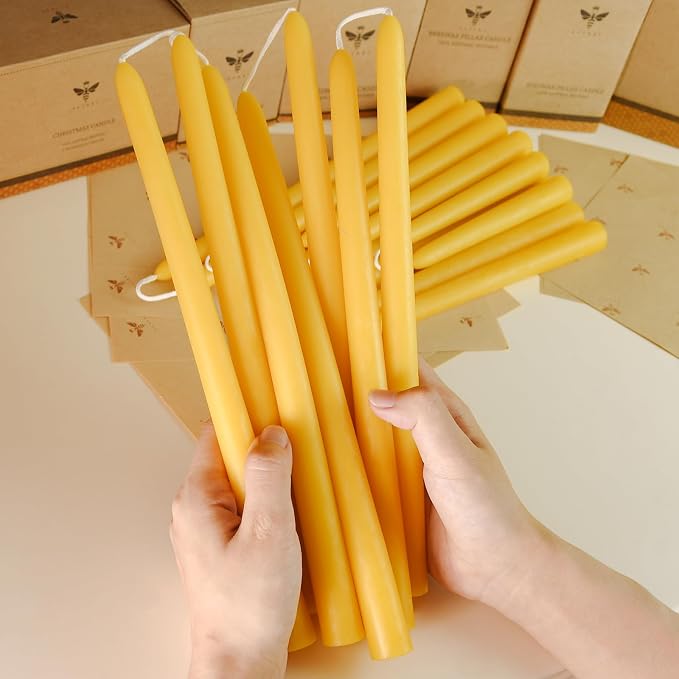 DEYBBY 12 inch Beeswax Taper Candles Gift Set of 18, Smokeless Dripless Pure Organic Beeswax Candles Bulk for Dinner Home Decor Emergency Housewarming Gift, 9-10 Hrs Burn Time