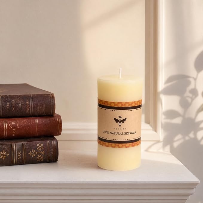 DEYBBY 2x4 inch Natural White Beeswax Pillar Candle Set of 2, Smokeless Dripless Pure Beeswax Candles with Natural Scent for Blackout Decoration Spa Relaxation（Ivory White）