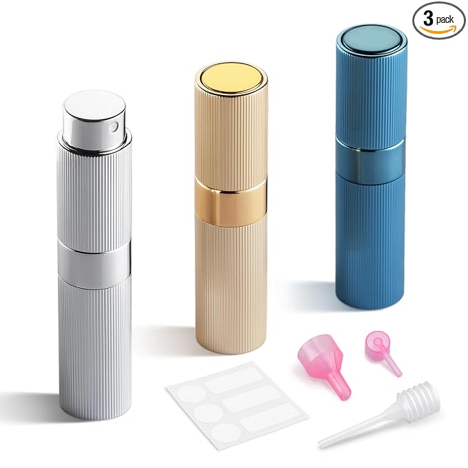 LISAPACK Perfume Travel Refillable Bottle - Atomizer Cologne Spray for Men Portable - Mini Sprayer Empty for Refill - Small Size 8ML Striped (Silver, Gold, Blue)