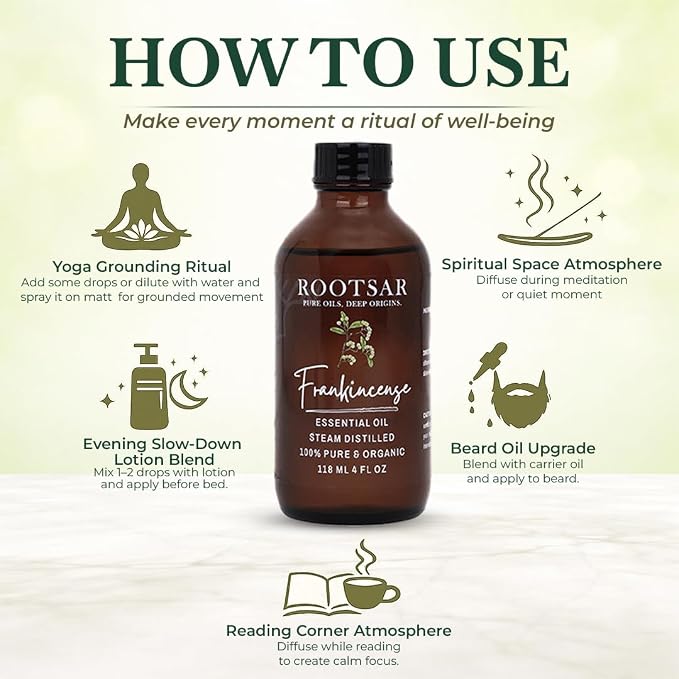 Frankincense Essential Oil – 100% Pure Organic Frankincense Oil, Steam Distilled, 4 FL OZ / 118 ML – Premium Essential Oil for Diffuser, Aromatherapy, Massage, Skin Care, Candle & Soap Making