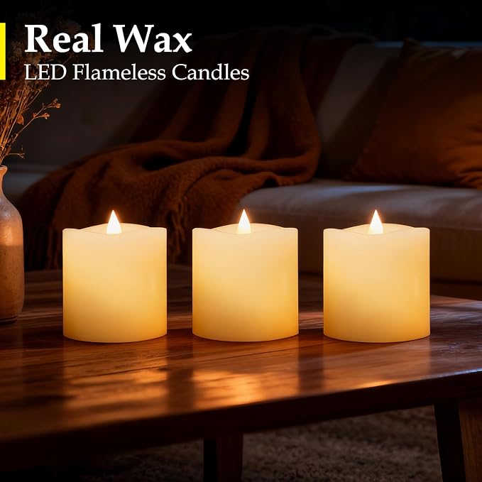 Flameless Candles with Remote & Timer - 3×3'' Ivory Pillar LED Candles Battery Operated,Fake Candles for Indoor Outdoor - Realistic Flickering Flame Holiday Wedding Church Decor (3-Pack)