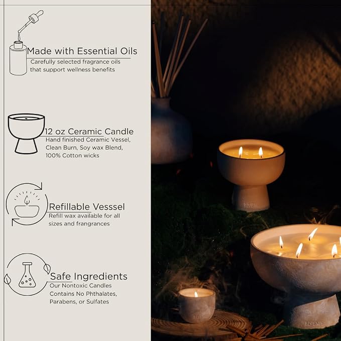 Blueme Romance Candle | Oakmoss & Sandalwood | 2 Wick - Refillable Wellness Candle with Essential Oils, Hand Finished & Poured Soy Wax Blend Ceramic Vessel, Natural Cotton Wicks | Medium 12 oz
