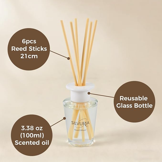 Lavender Vanilla Reed Diffuser Set,100ml(3.38oz) Essential Oil Diffuser with 6 Sticks,Home Fragrance for Bedroom,Living Room,Bathroom,Perfect Home Decor Gift