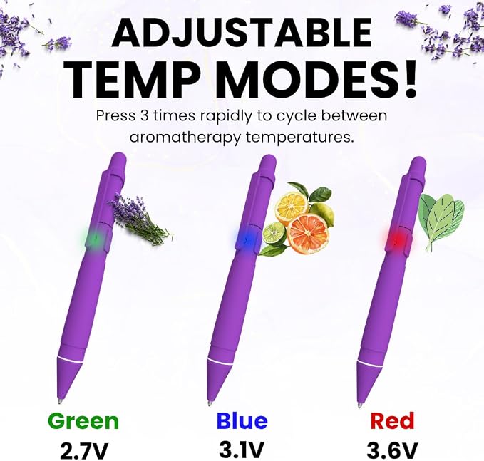 Aromatherapy Writing Pen Battery with Real Ink Tip and Hidden Diffuser Port, Soft Touch Ballpoint for Note Taking, Signature, and On-The-Go Relaxation, Rechargeable Wellness Gift for Office (Purple)