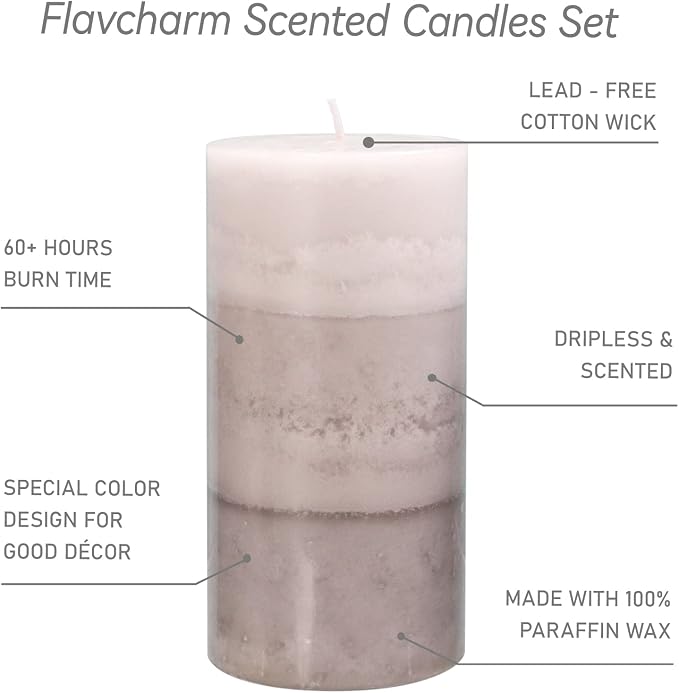 Set of 3 Scented Candles 3" x 6" Creamy Coconut Scented Hand Poured Grey White Pillar Candles Long Burning Smokeless Cotton Wick Candles Gift Set for Spa Wedding Home Decorations