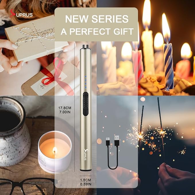 SUPRUS Electric Arc Windproof Flameless USB Rechargeable Lighter with Safety Lock for Candle (Champagne Gold)