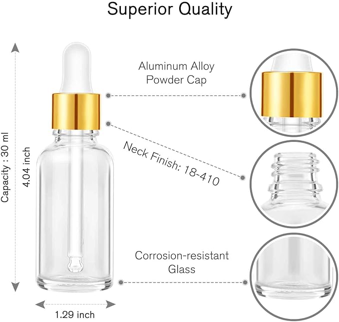 PrettyCare 4 Pack 1oz Dropper Bottles for Essential Oils, 30 ml Clear Glass Essential Oils Bottles with Labels, Funnels- Empty Leak Proof Tincture Bottles for Personal Care & Beauty