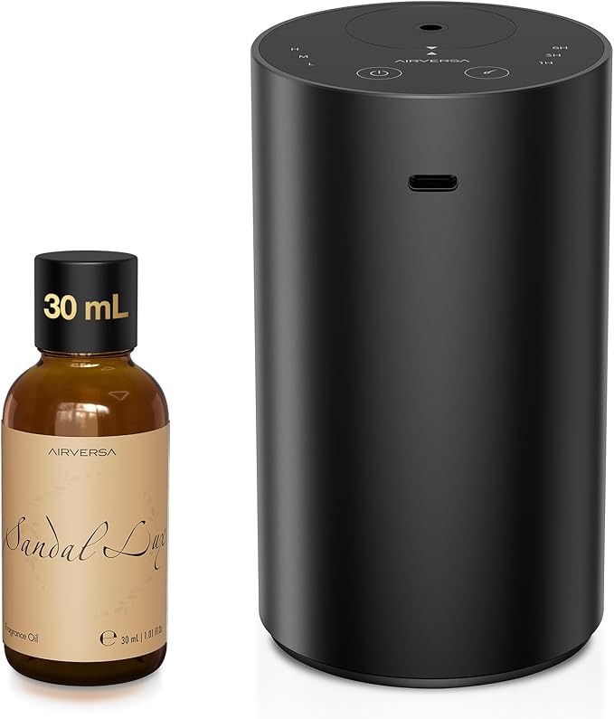 Airversa Waterless Essential Oil Diffuser Starter Kit with 30mL Santal Lux Fragrance Oil Inspired by Luxury Hotel Scent for Home Car Office, Aroma Air Diffuser, Baterry Operated, ADX-Kit Metal Black