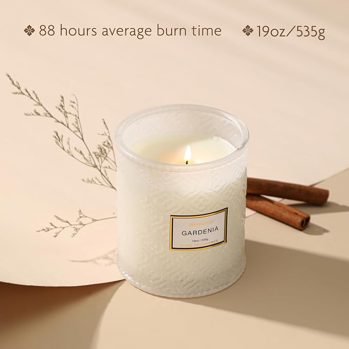 Gardenia Candle - White Floral Fragrance | 19 oz Large Soy Wax Candle in Embossed Glass Jar | Long Lasting Decorative Candle for Home Decor Gift for Women