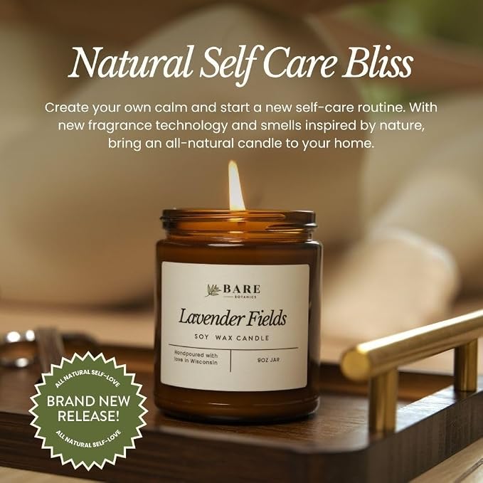Bare Botanics Non-Toxic Lavender Fields 9oz Soy Candle - 100% Plant-Based Fragrance Oils - Handpoured in WI - 40+ Hrs
